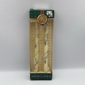 Pair VTG BEESWAX DESIGNS Candles 12" Tapers Spiral Twist Cream Gold Green Holly